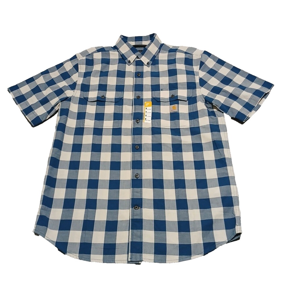 Carhartt Shirt Mens‎ Sz Medium Blue White Plaid Loose Fit Midweight Short Sleeve